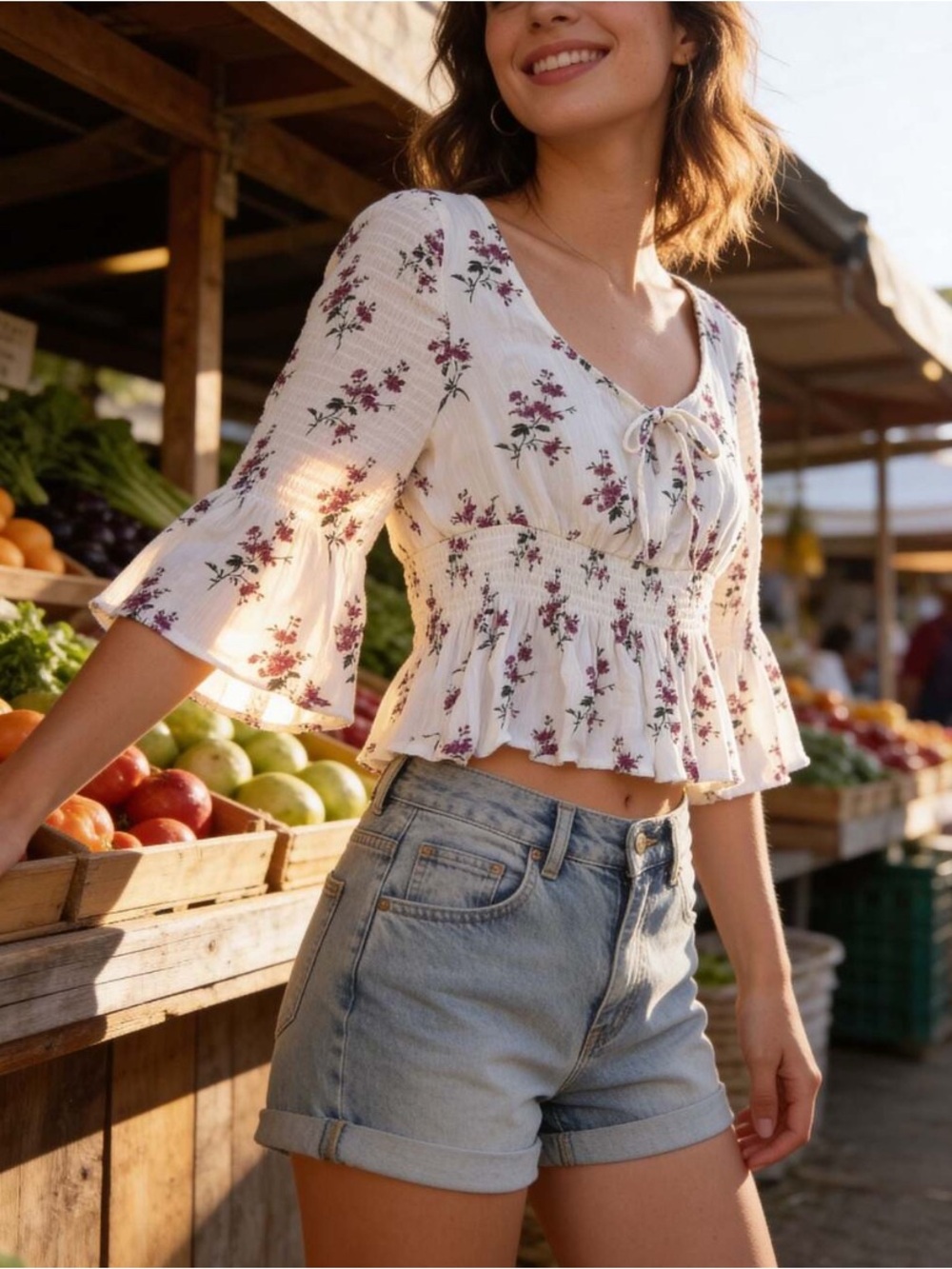 American Eagle White Floral Smocked Peplum Blouse Bell Sleeve XS EUC